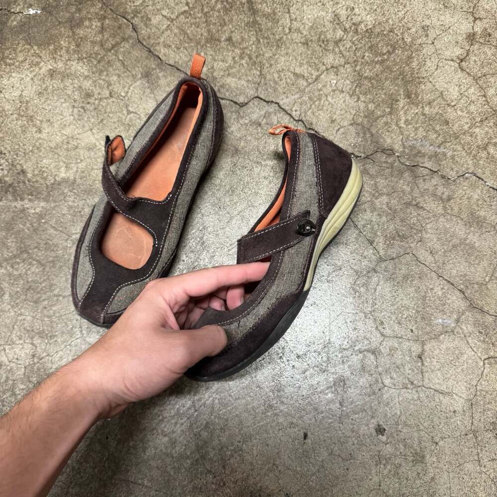 Lands' End Mary Jane Shoes Brown Suede Canvas Walking Flats